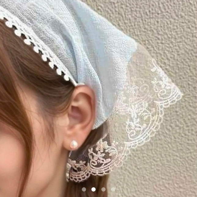 Korean Style Light Blue Lace Hair Bandana | Vintage Floral Lace Triangle Headband Scarf for Girls & Women (VT-94)