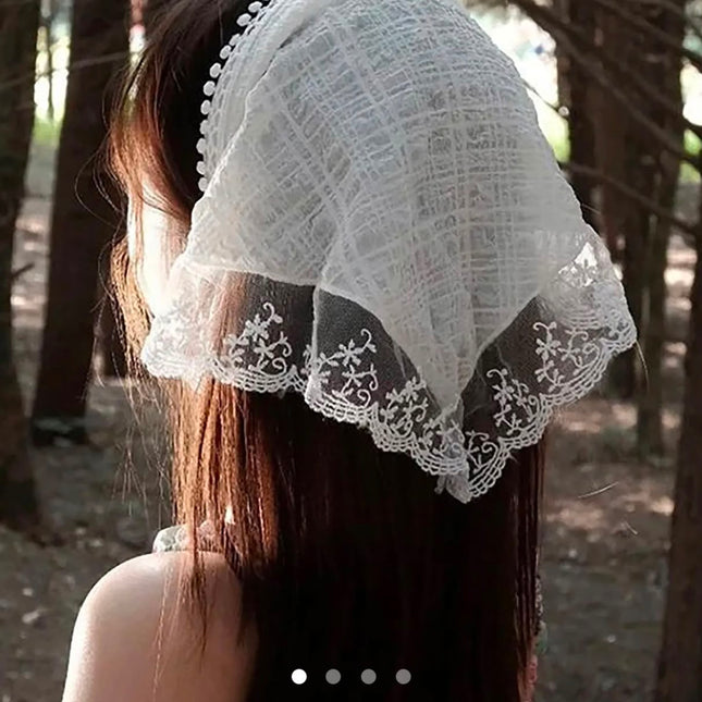 Korean Style White Floral Lace Hair Bandana | Vintage Sheer Lace Triangle Headband Scarf for Women & Girls (VT-95)