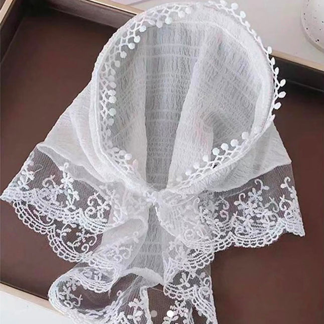 Korean Style White Floral Lace Hair Bandana | Vintage Sheer Lace Triangle Headband Scarf for Women & Girls (VT-95)