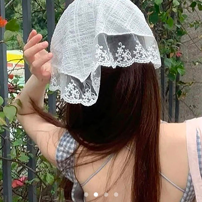 Korean Style White Floral Lace Hair Bandana | Vintage Sheer Lace Triangle Headband Scarf for Women & Girls (VT-95)