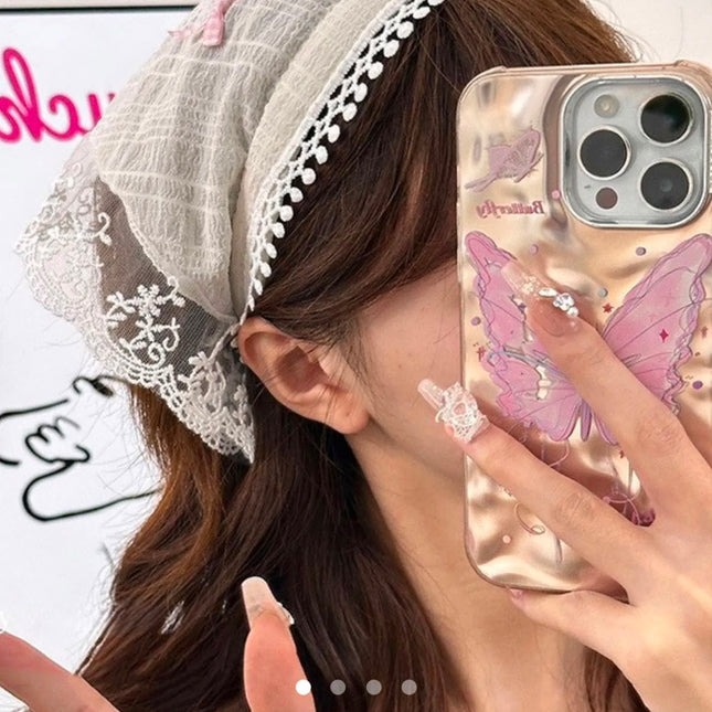 Korean Style Lace Hair Bandana with Cute Pink Bows | Vintage Sheer Floral Lace Triangle Headband Scarf for Girls & Women (VT-96)