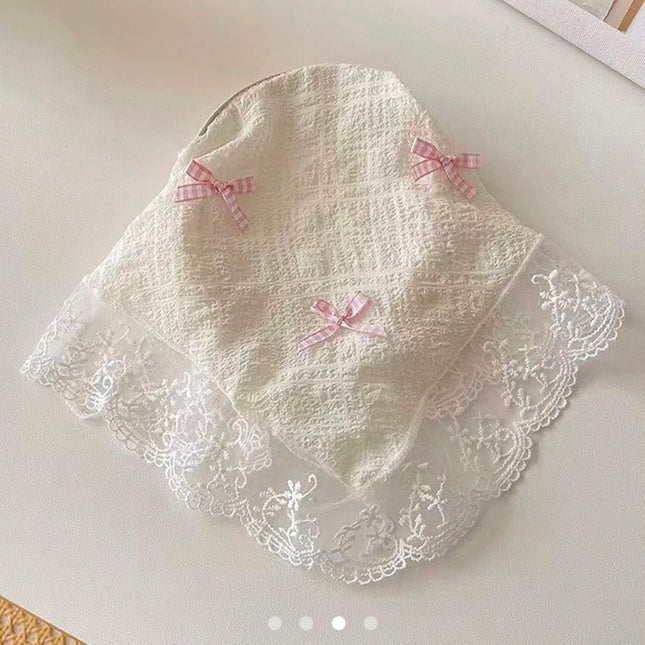 Korean Style Lace Hair Bandana with Cute Pink Bows | Vintage Sheer Floral Lace Triangle Headband Scarf for Girls & Women (VT-96)
