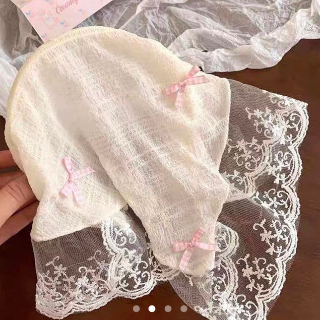 Korean Style Lace Hair Bandana with Cute Pink Bows | Vintage Sheer Floral Lace Triangle Headband Scarf for Girls & Women (VT-96)