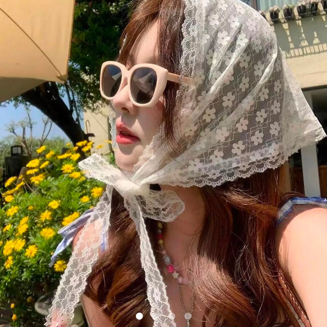 Korean Sheer Floral Net Lace Hair Bandana | Vintage White Mesh Scarf Headband with Tie-Up Straps for Women & Girls (VT-97)