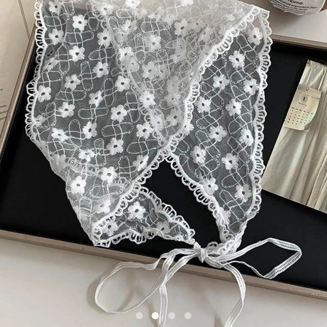 Korean Sheer Floral Net Lace Hair Bandana | Vintage White Mesh Scarf Headband with Tie-Up Straps for Women & Girls (VT-97)