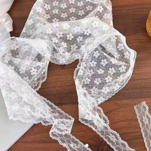Korean Sheer Floral Net Lace Hair Bandana | Vintage White Mesh Scarf Headband with Tie-Up Straps for Women & Girls (VT-97)
