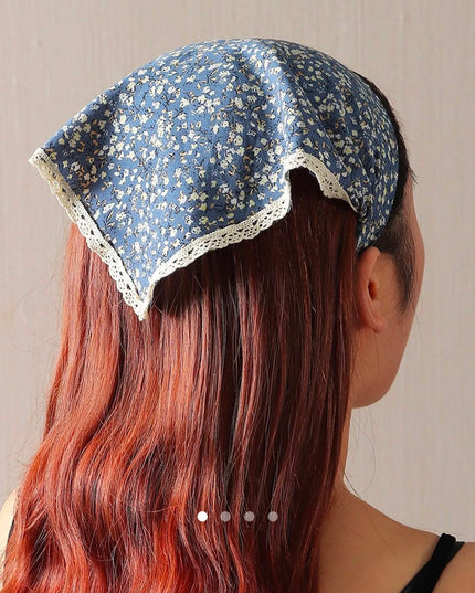 Korean Style Blue Floral Print Hair Bandana with Elastic Band | Crochet Lace Border Hair Scarf Headband for Women & Girls (VT-98)