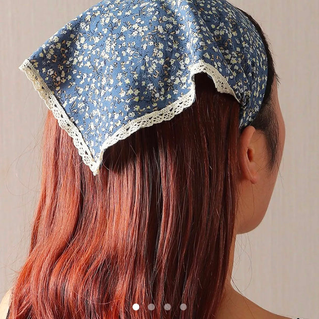 Korean Style Blue Floral Print Hair Bandana with Elastic Band | Crochet Lace Border Hair Scarf Headband for Women & Girls (VT-98)