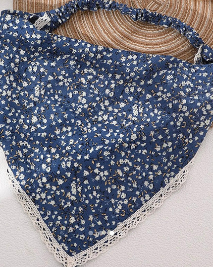 Korean Style Blue Floral Print Hair Bandana with Elastic Band | Crochet Lace Border Hair Scarf Headband for Women & Girls (VT-98)