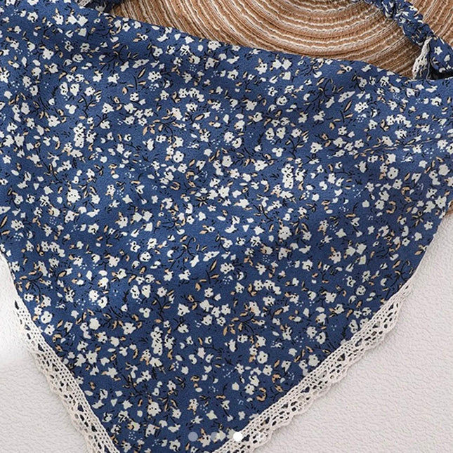 Korean Style Blue Floral Print Hair Bandana with Elastic Band | Crochet Lace Border Hair Scarf Headband for Women & Girls (VT-98)
