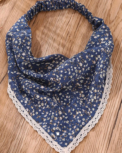 Korean Style Blue Floral Print Hair Bandana with Elastic Band | Crochet Lace Border Hair Scarf Headband for Women & Girls (VT-98)