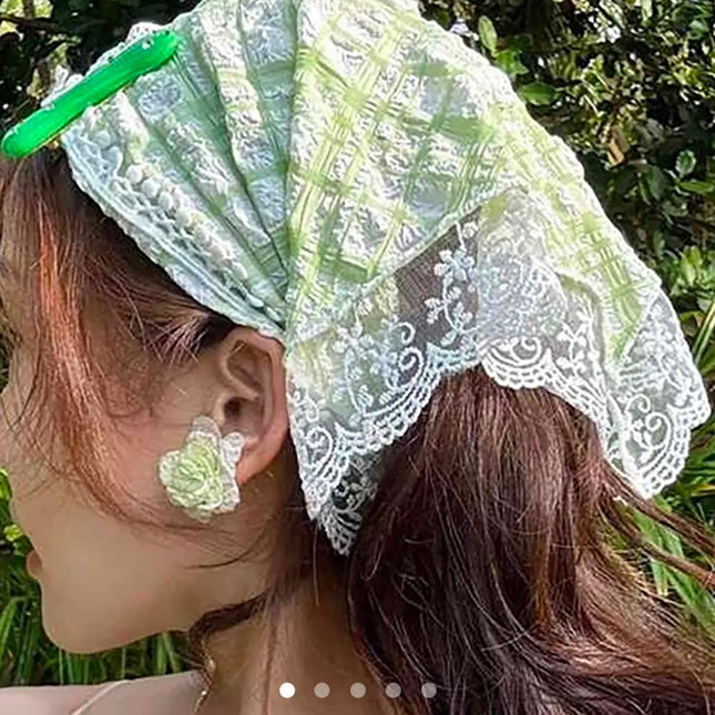 Korean Style Sage Green Plaid Hair Bandana | Vintage Checkered Floral Lace Triangle Headband Scarf for Women & Girls (VT-99)