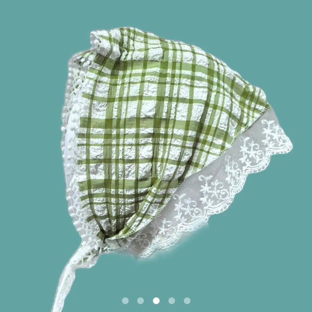 Korean Style Sage Green Plaid Hair Bandana | Vintage Checkered Floral Lace Triangle Headband Scarf for Women & Girls (VT-99)