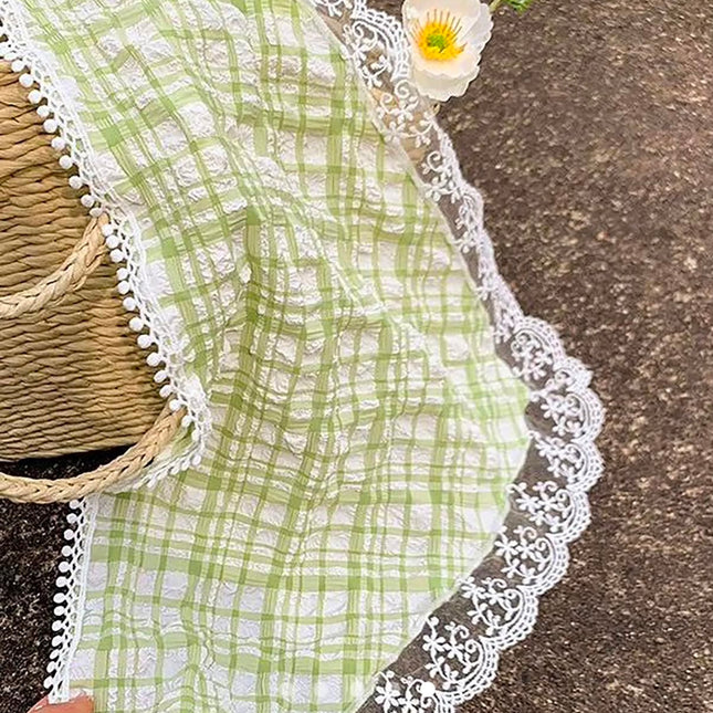 Korean Style Sage Green Plaid Hair Bandana | Vintage Checkered Floral Lace Triangle Headband Scarf for Women & Girls (VT-99)
