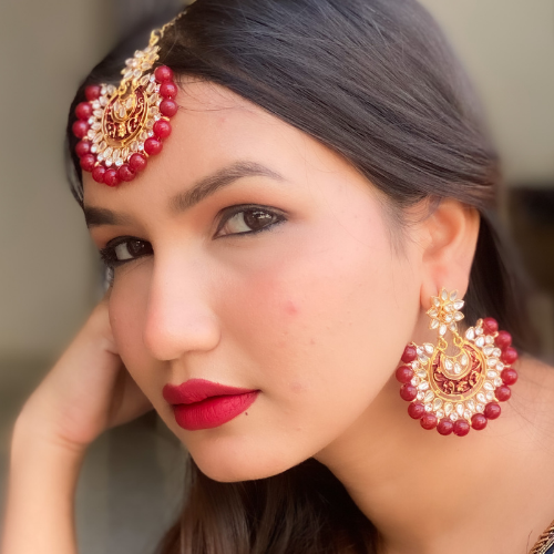 Red Pearl Maang Tikka Jewelry Set (DESIGN 410)