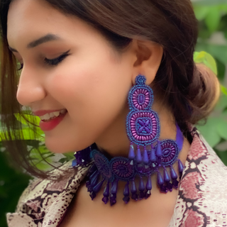 Imperial Indigo Embroidered Earrings (DESIGN 59)