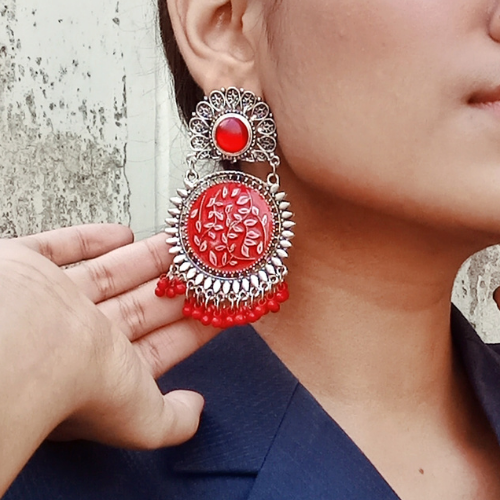 Red Floral Bloom Oxidised Jhumka (DESIGN 160)