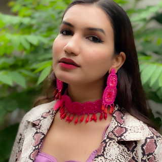 Pink Circular Embroidered Fashion Earrings (DESIGN 60)
