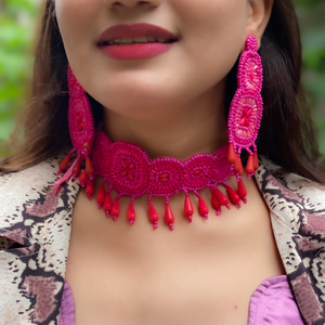 Pink Circular Embroidered Fashion Earrings (DESIGN 60)