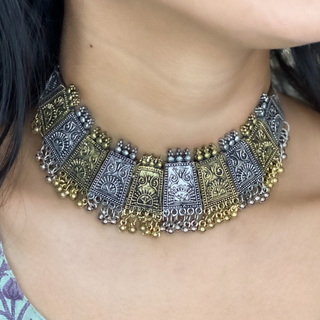 Gold & Silver Panelled Oxidised Necklace (DESIGN 06)