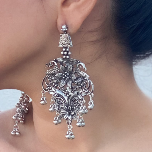 Floral Peacock Patterned Oxidised Jhumka (DESIGN 254)