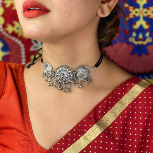 Mughal Motif Choker Oxidised Necklace (DESIGN 93)