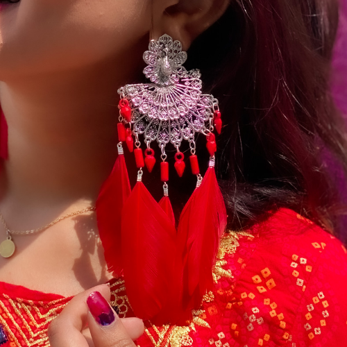 Red Feathered Fringe Fashion Earrings (DESIGN 326)