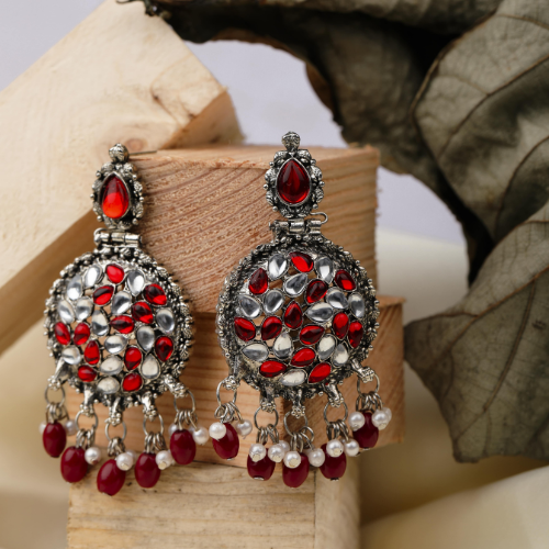 Red White Bead Oxidised Jhumka (DESIGN 487)