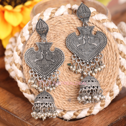 Afgani German Silver Oxidized Jhumki Earrings for Women (DESIGN 577)