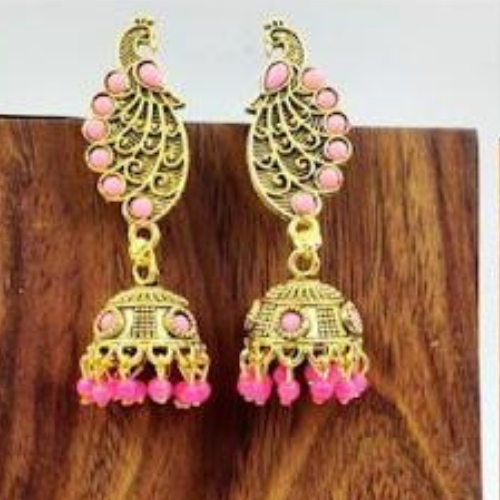 Pink Peacock Oxidised Mini Jhumkis (DESIGN 1049)