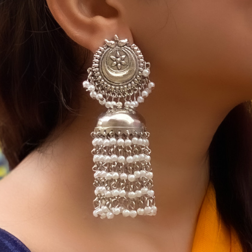 Pearl Fringe Oxidised Jhumka (DESIGN 32)