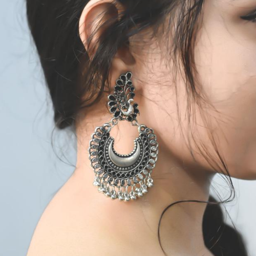 Black Feather Motif Oxidised Jhumki (DESIGN 102)