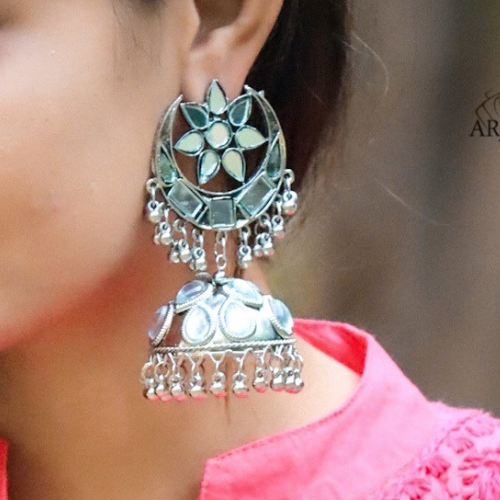 Floral Crescent Crystal Oxidised Jhumkas (DESIGN 156)