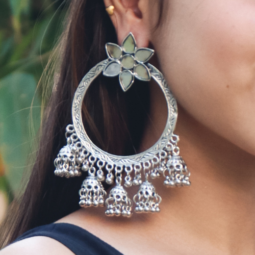 Floral Detailed Hoop Oxidised Jhumka  (DESIGN 122)